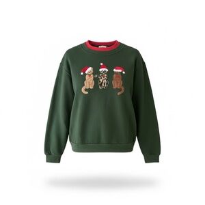 Cat Christmas Sweatshirt Small Green Holiday Pullover Embroidered Cats Cozy Cute